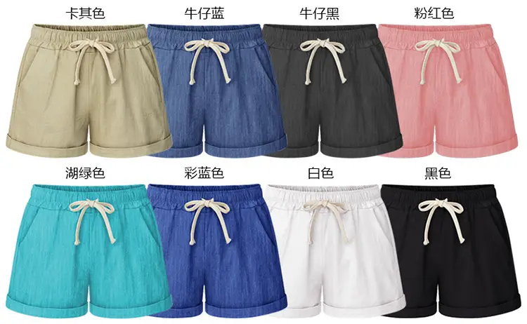 Women Bamboo Cotton Linen Shorts Black Drawstring Plus Size — feature 5