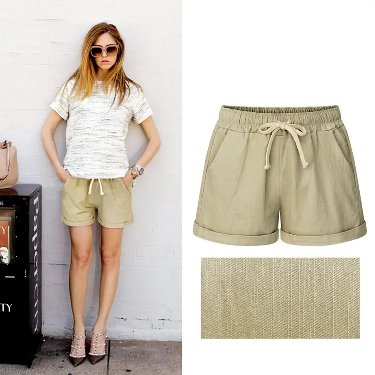 Women Bamboo Cotton Linen Shorts Black Drawstring Plus Size