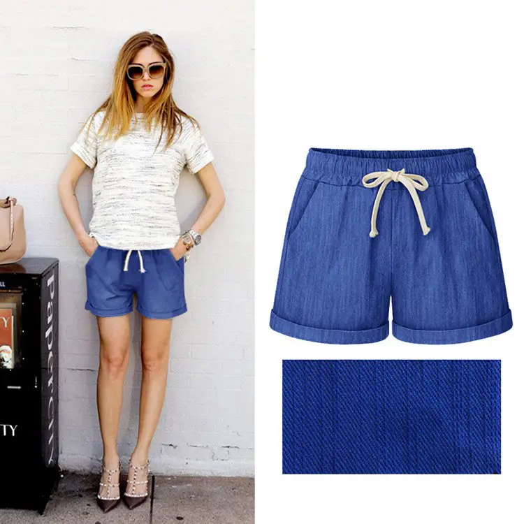 Women Bamboo Cotton Linen Shorts Black Drawstring Plus Size