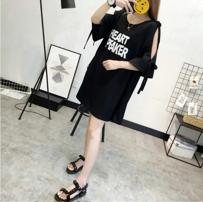 Women Green Bow Tie Letter Print 3Q Sleeve Top Dress — feature 2