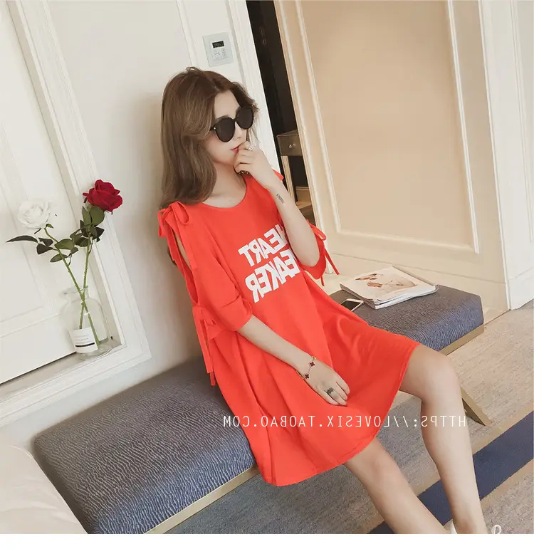 Women Green Bow Tie Letter Print 3Q Sleeve Top Dress — feature 23