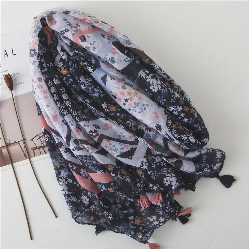 Women Silk Floral Scarf Dark Blue Summer
