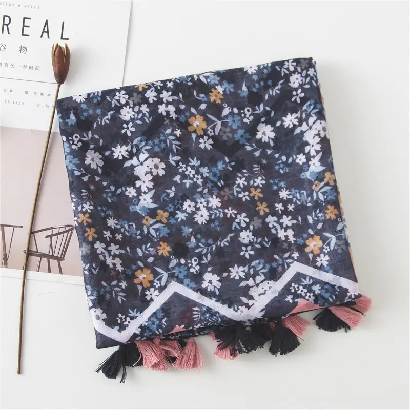 Women Silk Floral Scarf Dark Blue Summer — feature 12