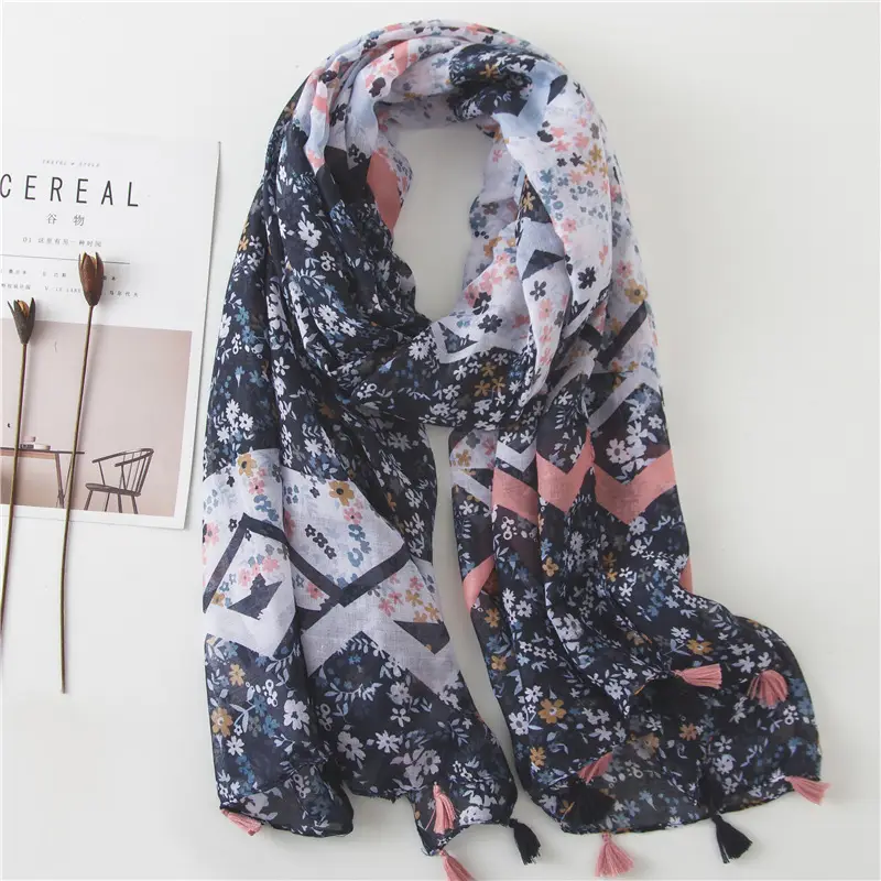 Women Silk Floral Scarf Dark Blue Summer — feature 13