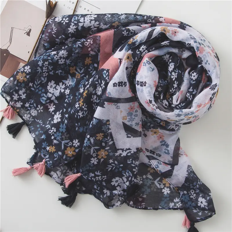Women Silk Floral Scarf Dark Blue Summer — feature 15