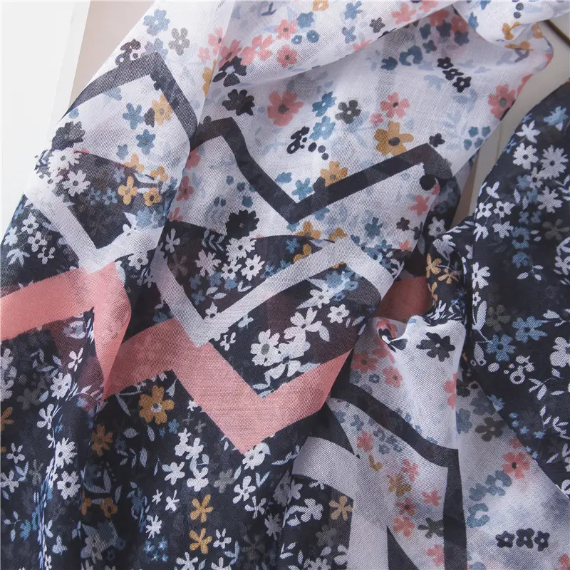 Women Silk Floral Scarf Dark Blue Summer — feature 16