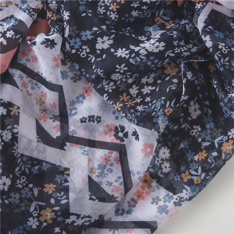 Women Silk Floral Scarf Dark Blue Summer — feature 17