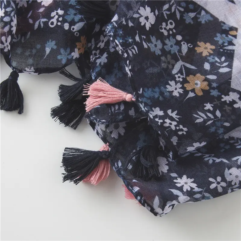 Women Silk Floral Scarf Dark Blue Summer — feature 18