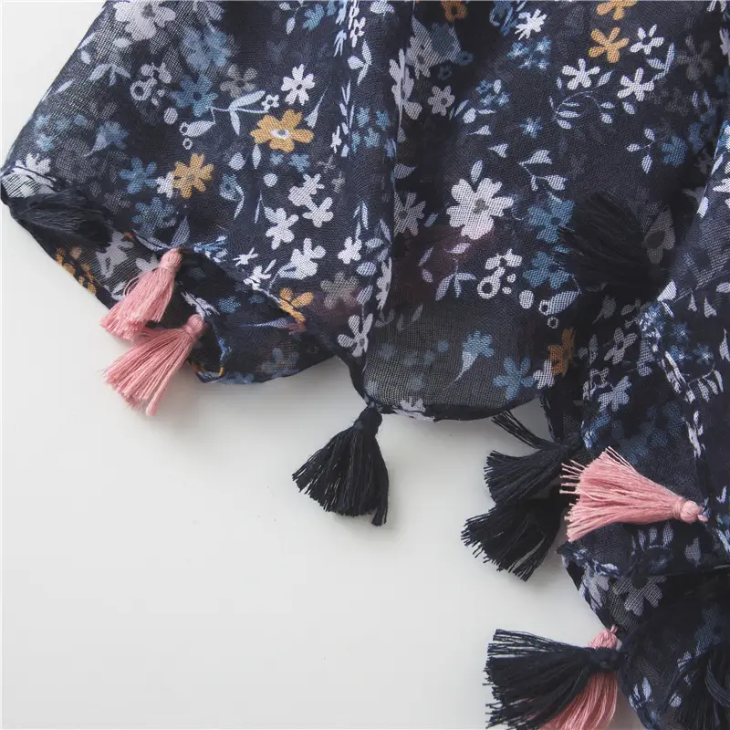 Women Silk Floral Scarf Dark Blue Summer — feature 19