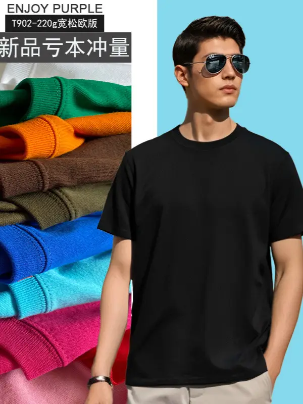 Men Navy Blue Cotton T-Shirt Medium Weight Loose Fit - Image 19