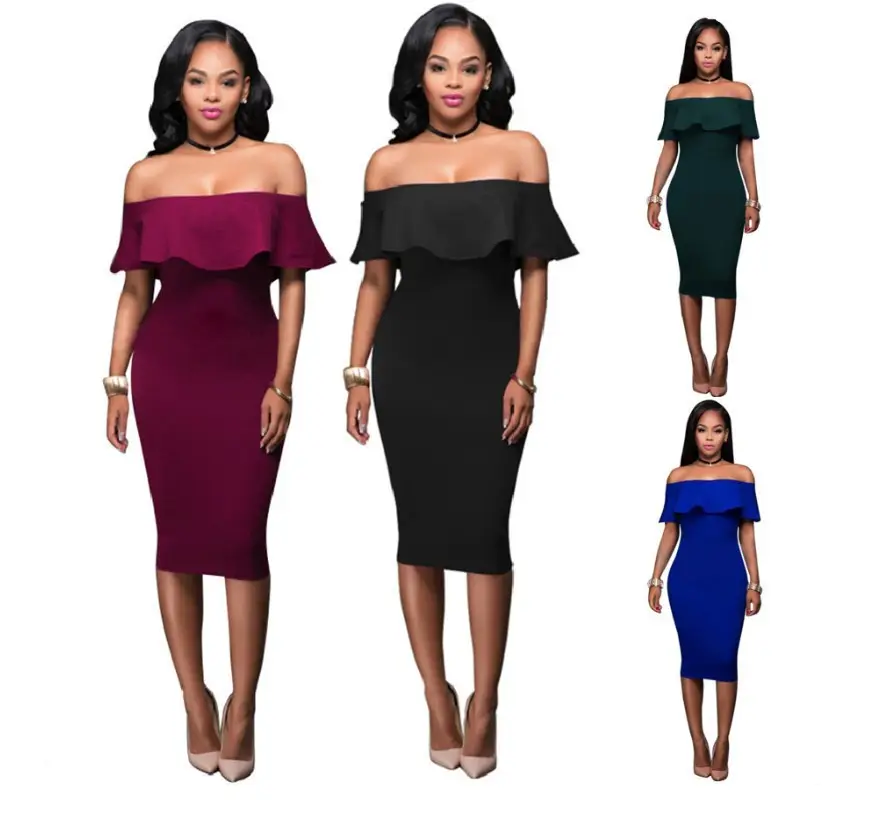 Women's Maroon Off-Shoulder Hip Dress with Lotus Leaf Collar - Image 7