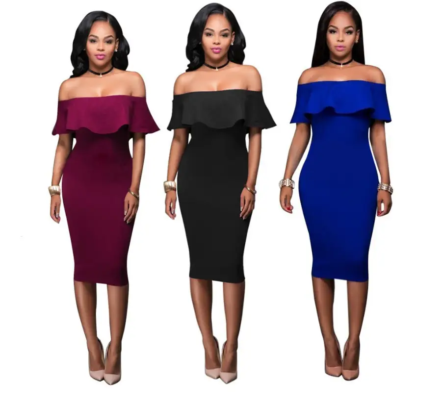 Women's Maroon Off-Shoulder Hip Dress with Lotus Leaf Collar - Image 8