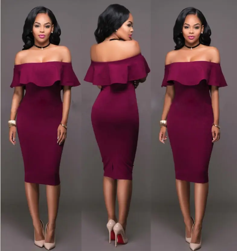 Women's Maroon Off-Shoulder Hip Dress with Lotus Leaf Collar - Image 11