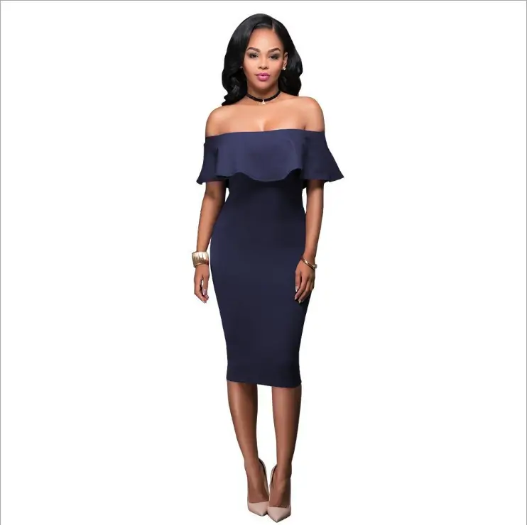 Women's Maroon Off-Shoulder Hip Dress with Lotus Leaf Collar - Image 2