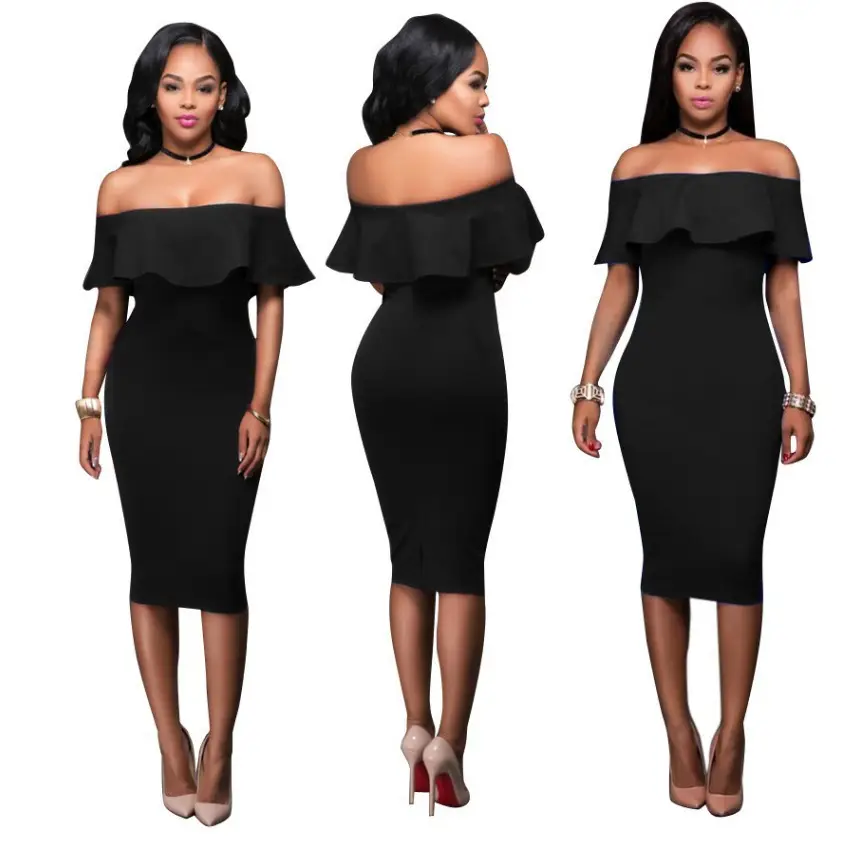 Women's Maroon Off-Shoulder Hip Dress with Lotus Leaf Collar - Image 3