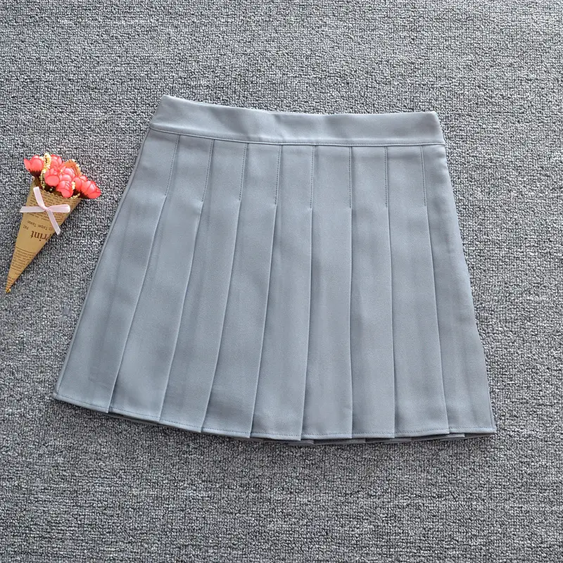 Japanese Pleated Skirt Solid Gray High Waist Liners