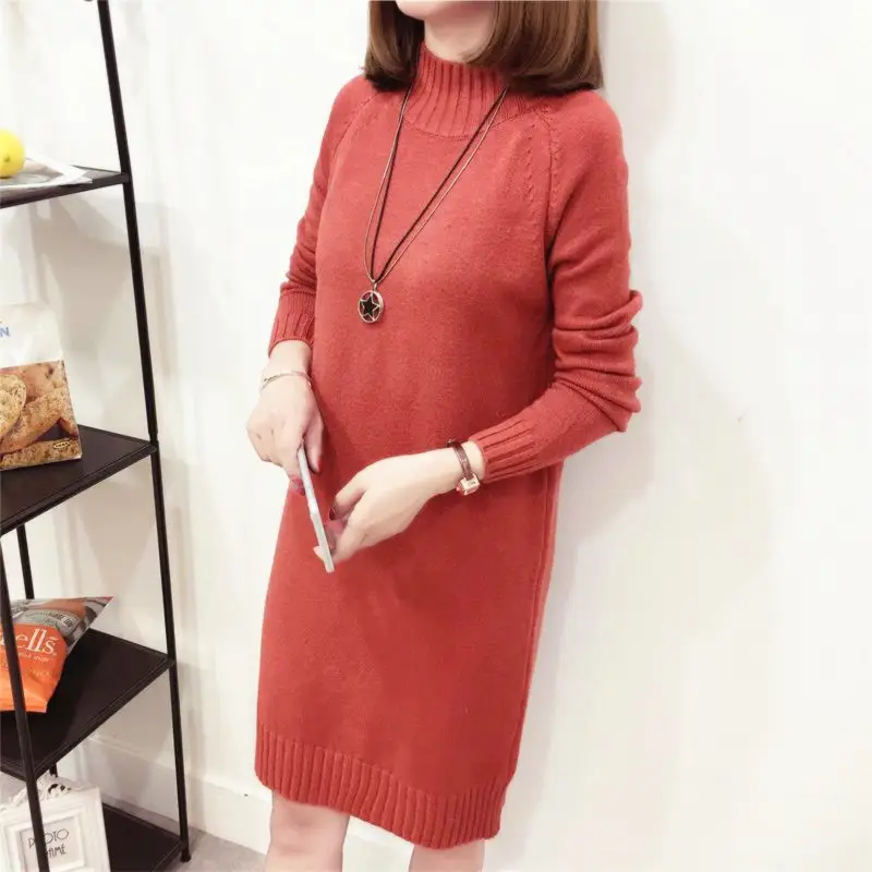 Women's 2025 Knit Turtleneck Dress Brown Mid-Length - Image 11