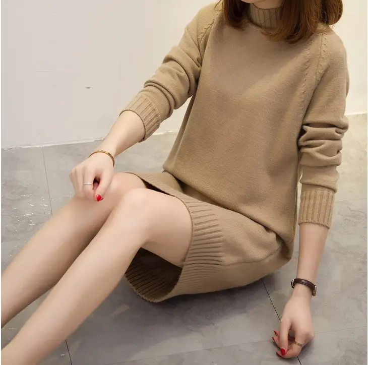 Women's 2025 Knit Turtleneck Dress Brown Mid-Length - Image 2