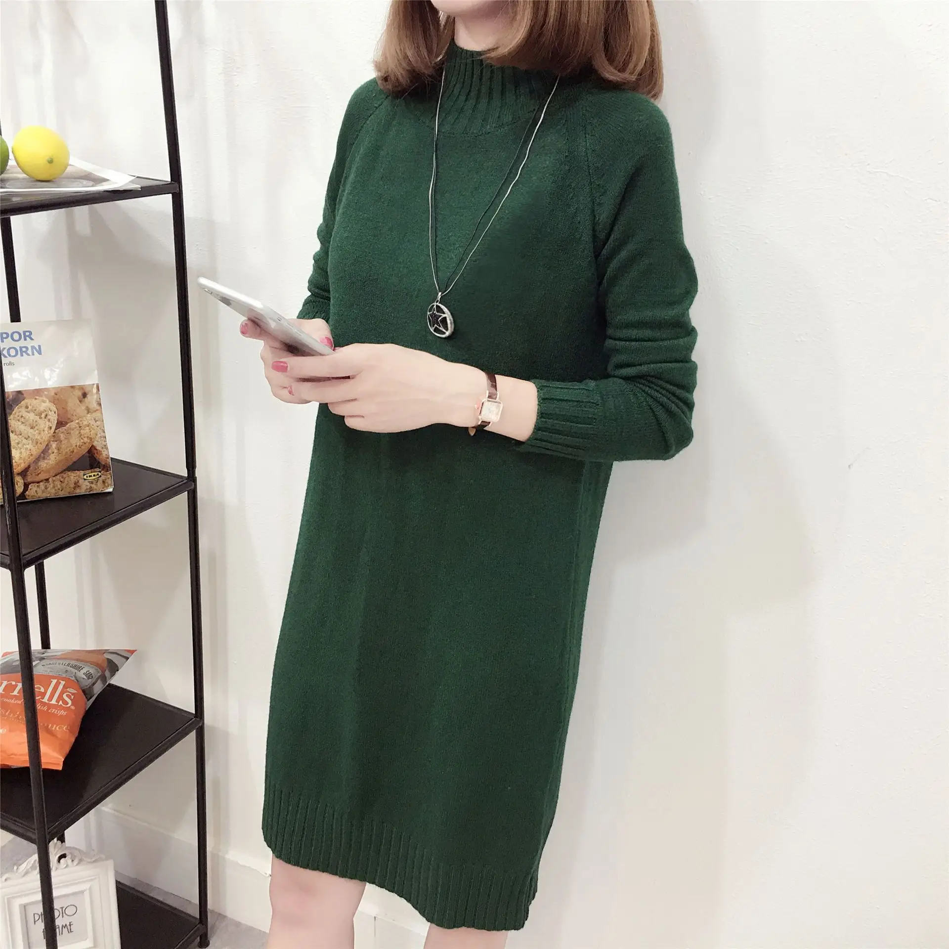 Women's 2025 Knit Turtleneck Dress Brown Mid-Length - Image 5