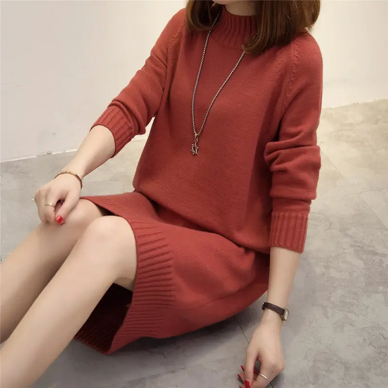 Women's 2025 Knit Turtleneck Dress Brown Mid-Length - Image 6