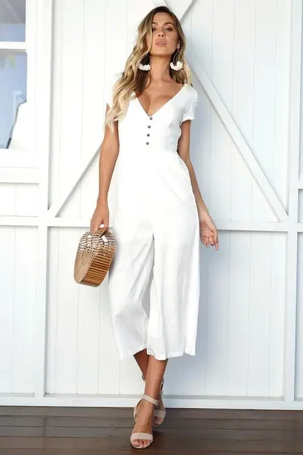 Women Button V-Neck Casual Jumpsuit Beige — feature 13
