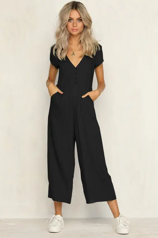 Women Button V-Neck Casual Jumpsuit Beige — feature 17