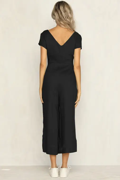 Women Button V-Neck Casual Jumpsuit Beige — feature 18