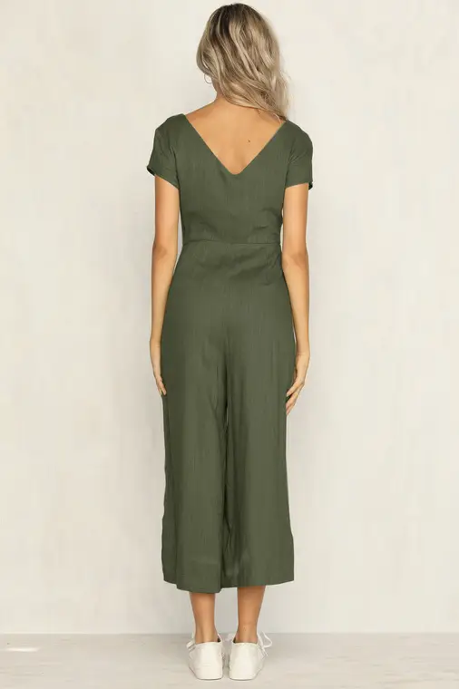 Women Button V-Neck Casual Jumpsuit Beige — feature 21