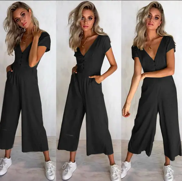 Women Button V-Neck Casual Jumpsuit Beige — feature 5