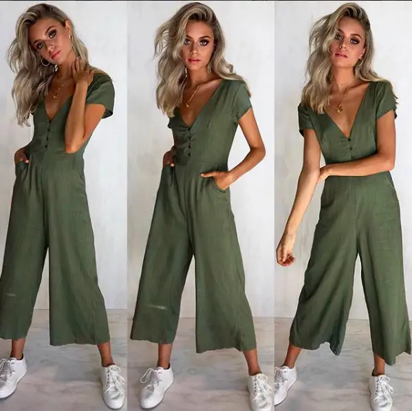 Women Button V-Neck Casual Jumpsuit Beige — feature 6
