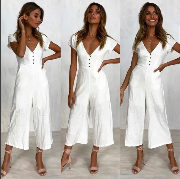 Women Button V-Neck Casual Jumpsuit Beige — feature 7