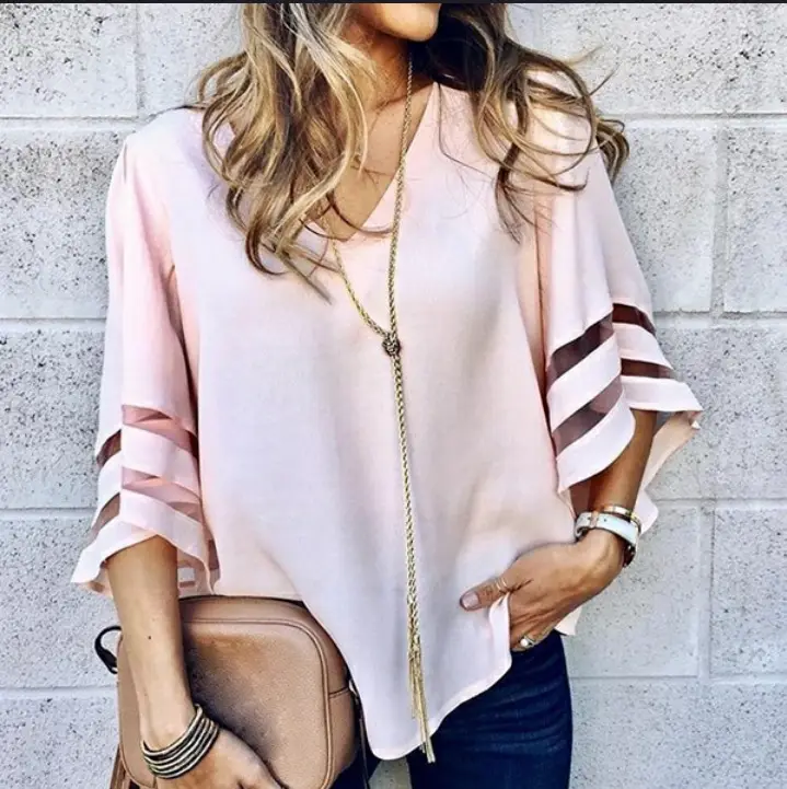 Women Loose V Neck Mesh Shirt Bell Sleeves Pink