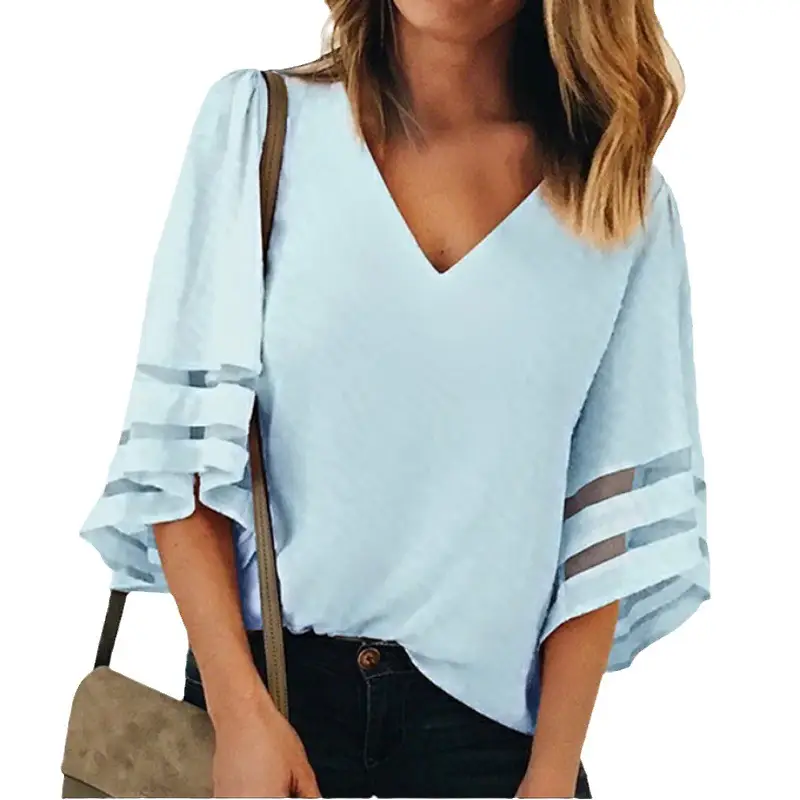 Women Loose V Neck Mesh Shirt Bell Sleeves Pink