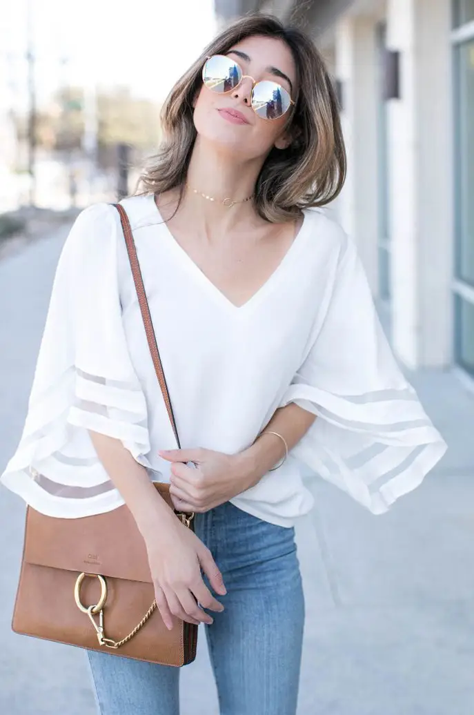 Women Loose V Neck Mesh Shirt Bell Sleeves Pink — feature 3