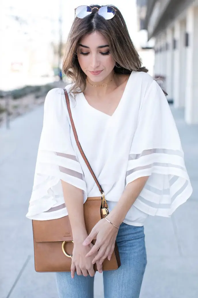 Women Loose V Neck Mesh Shirt Bell Sleeves Pink — feature 4