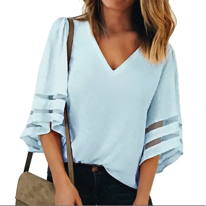 Women Loose V Neck Mesh Shirt Bell Sleeves Pink