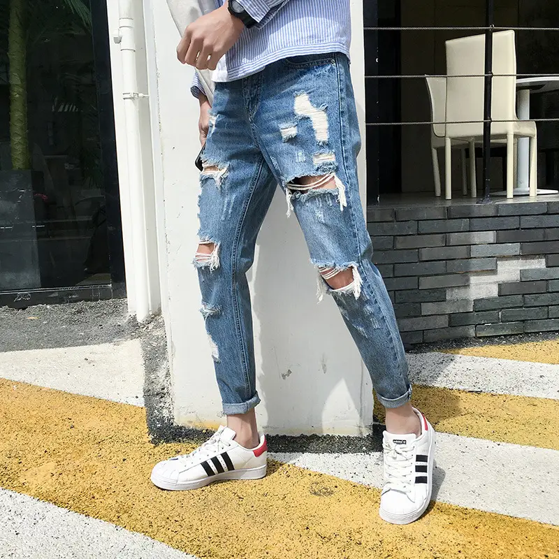 Men Ripped Skinny Jeans White Adidas Sneakers - Image 3