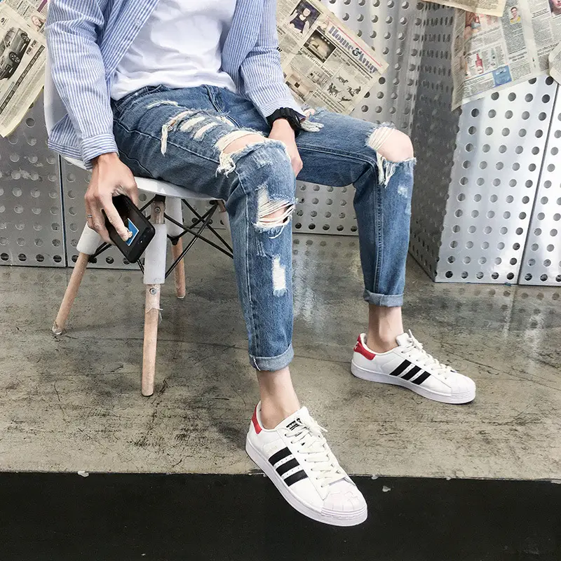 Men Ripped Skinny Jeans White Adidas Sneakers - Image 4