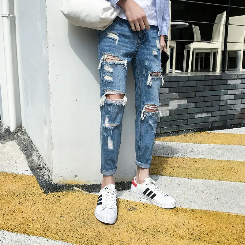 Men Ripped Skinny Jeans White Adidas Sneakers - Image 5