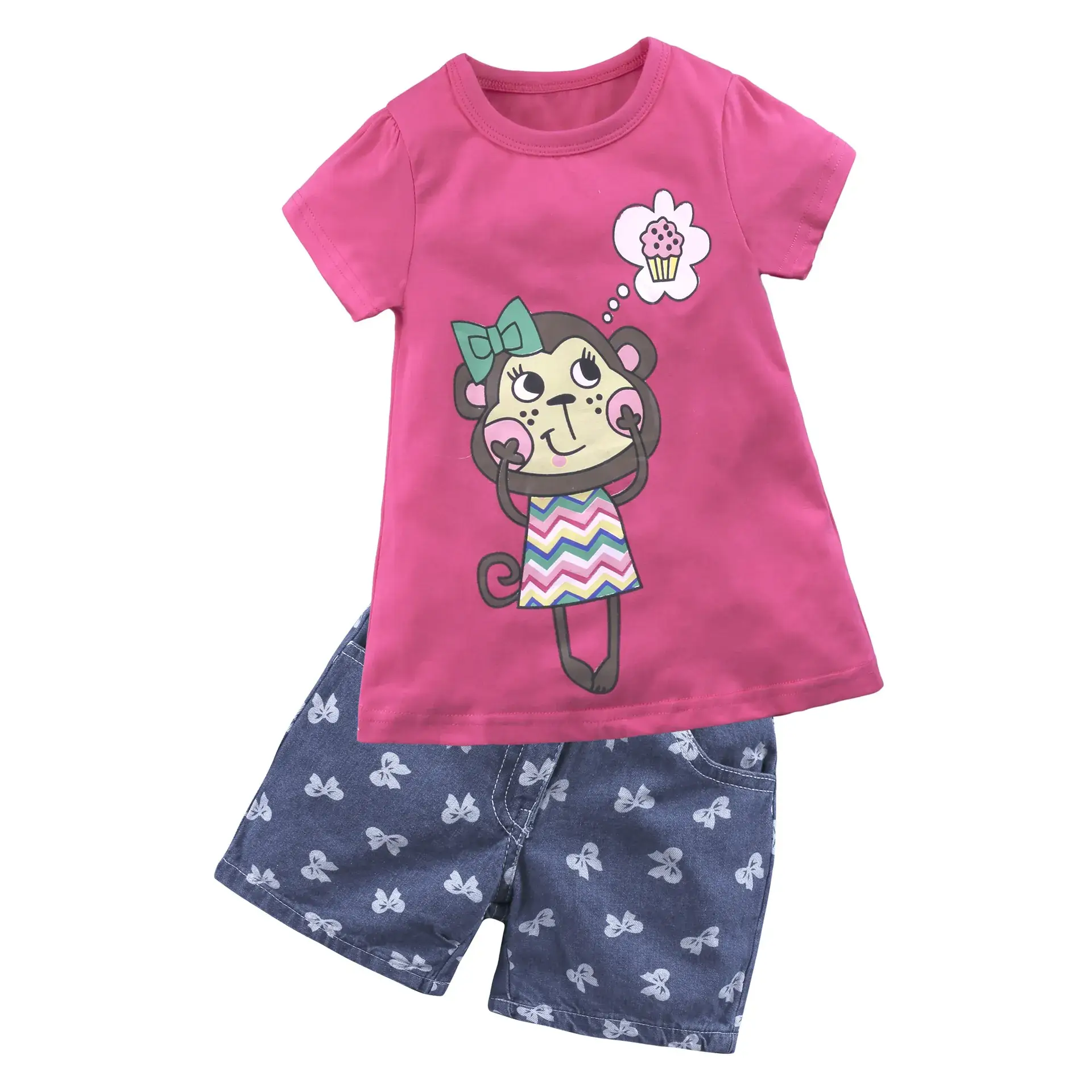 Girls Pink Monkey Print Short Sleeve Suit 2025