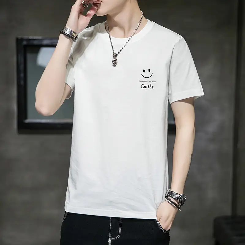 2021 Men Pure Cotton Korean Style Crewneck T-Shirt White - Image 18