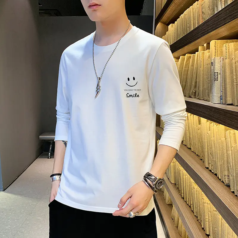 2021 Men Pure Cotton Korean Style Crewneck T-Shirt White - Image 12