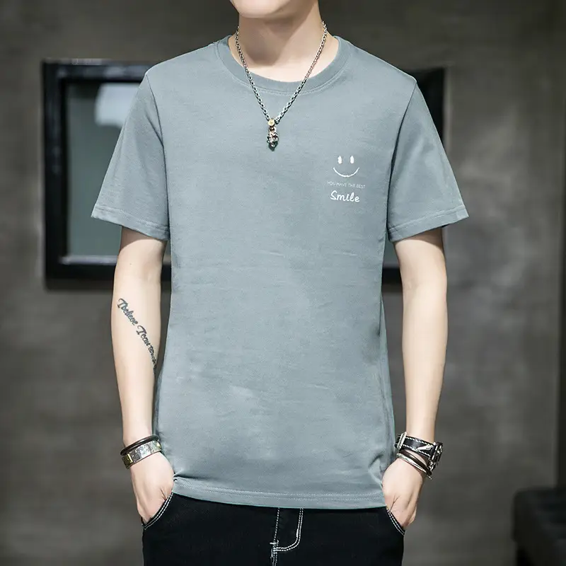 2021 Men Pure Cotton Korean Style Crewneck T-Shirt White - Image 2