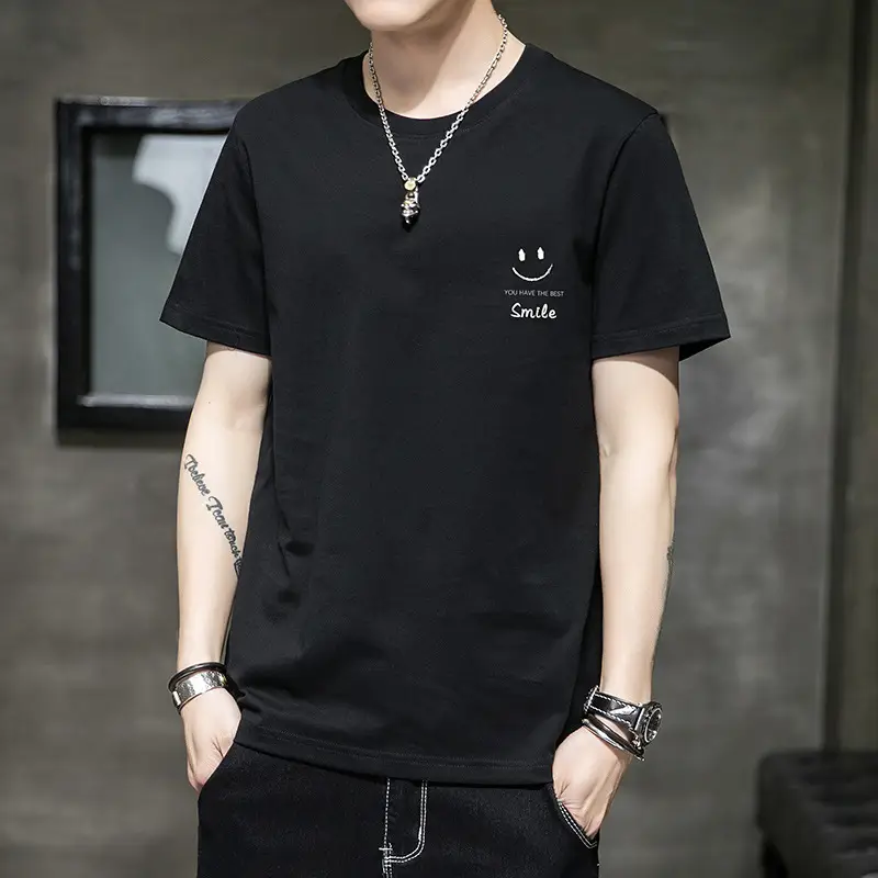 2021 Men Pure Cotton Korean Style Crewneck T-Shirt White - Image 3