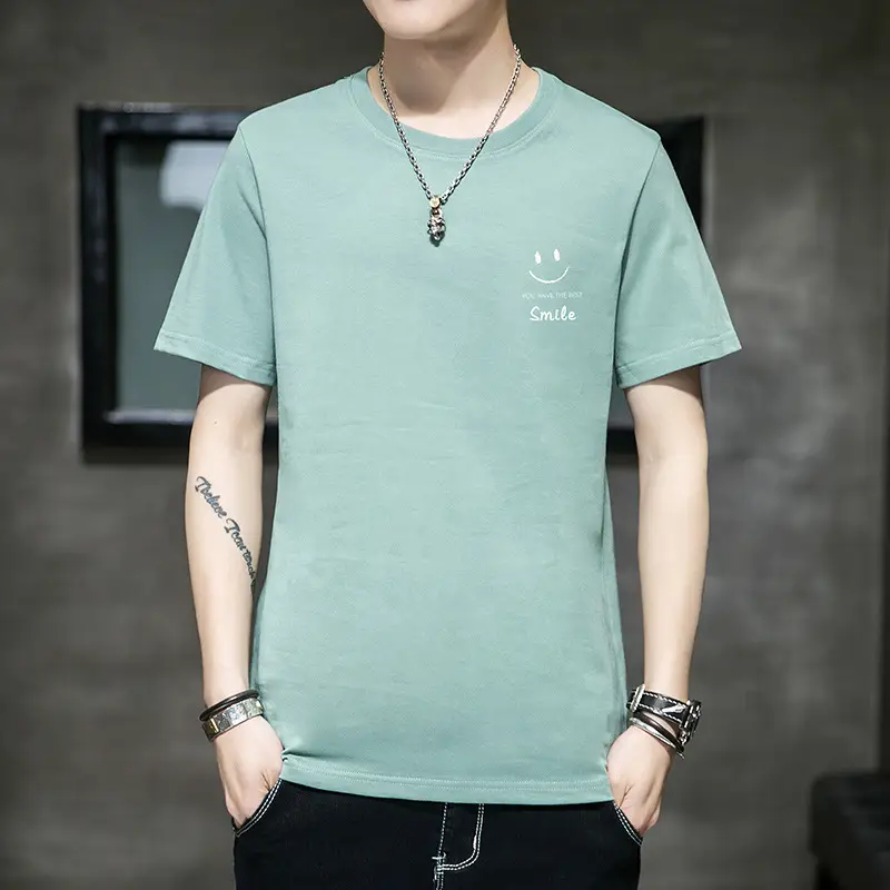2021 Men Pure Cotton Korean Style Crewneck T-Shirt White - Image 8