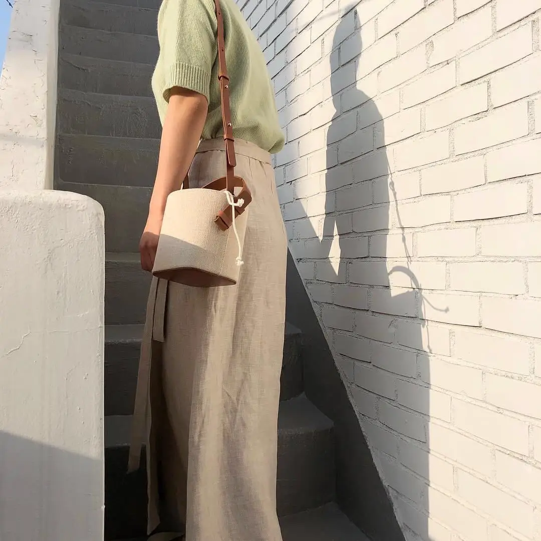 2025 Spring Bucket Bag Canvas Leather Contrasting Brown