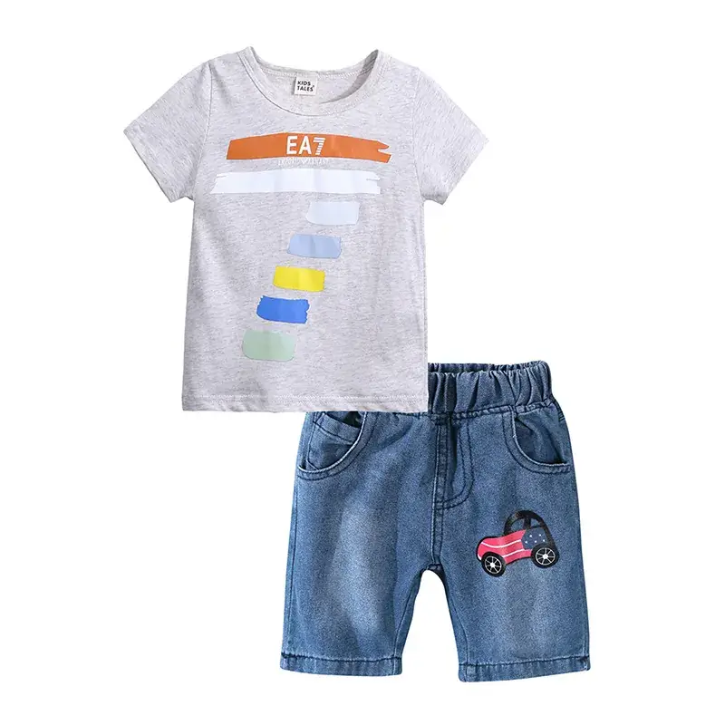 European & American Kids Summer 2025 Cotton Suit Shorts Printed T-Shirt - Image 7
