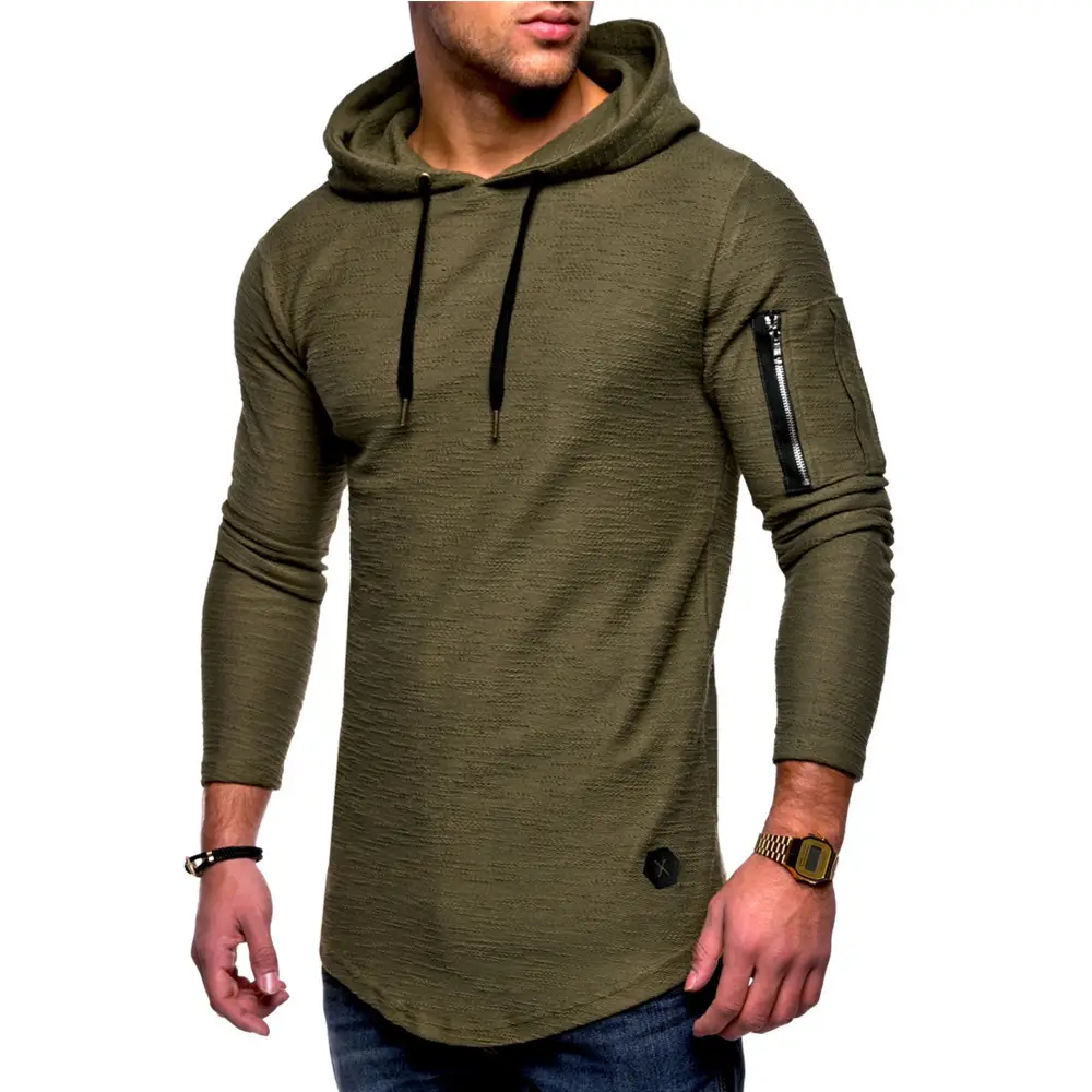 Men Hooded Long Sleeve T-Shirt Black Grey with Zipper Arm Sleeve - Image 6