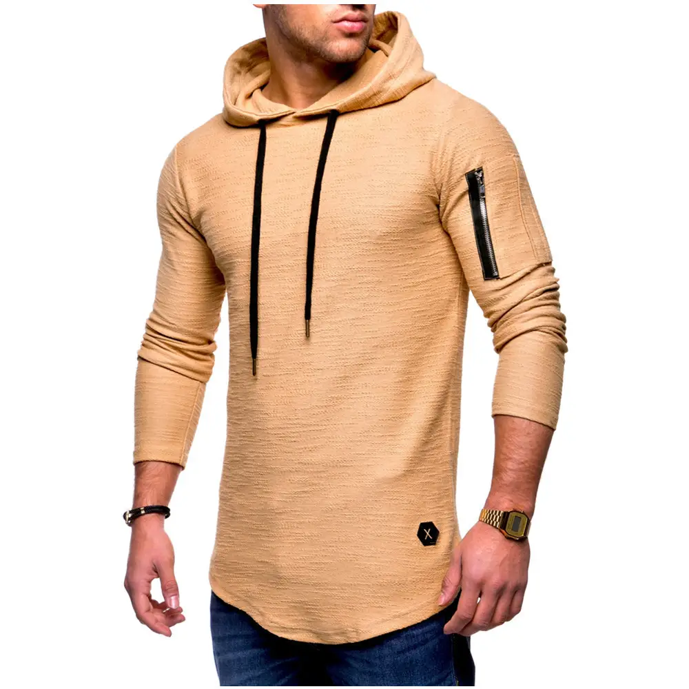 Men Hooded Long Sleeve T-Shirt Black Grey with Zipper Arm Sleeve - Image 7