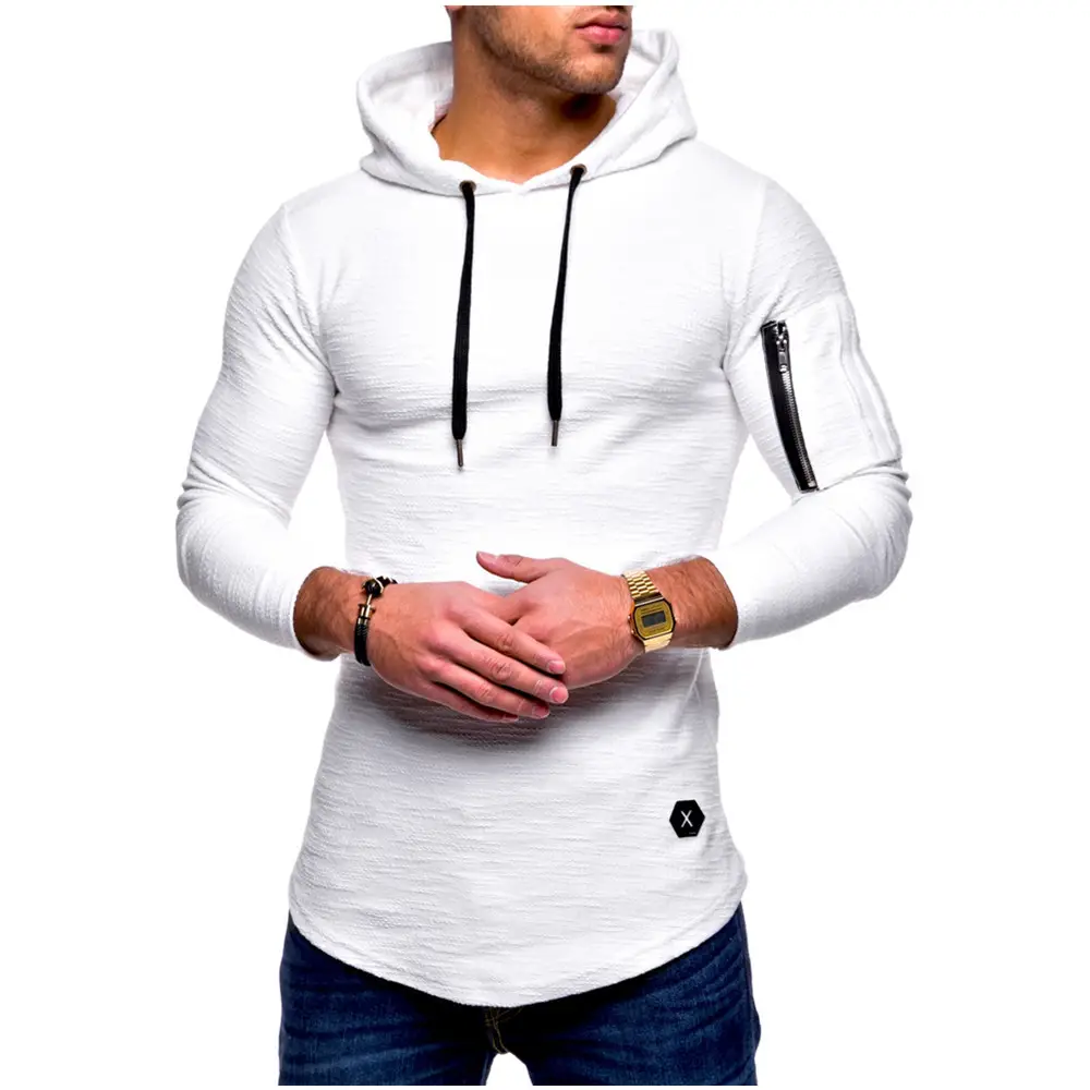 Men Hooded Long Sleeve T-Shirt Black Grey with Zipper Arm Sleeve - Image 8